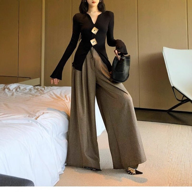 High Waist Wide Leg Trousers | Loose Fit Tailored Palazzo Pants(MS178)