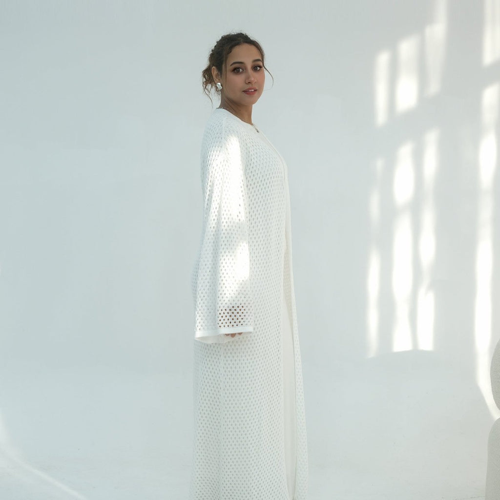 Hollow-Out Knit Open Abaya Cardigan with Waist Belt(MOA315)