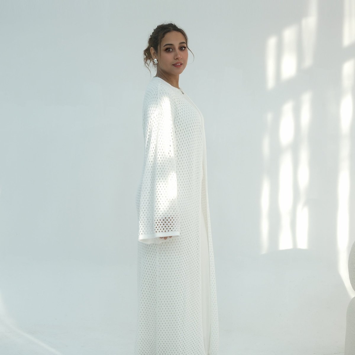 Hollow-Out Knit Open Abaya Cardigan with Waist Belt(MOA315)