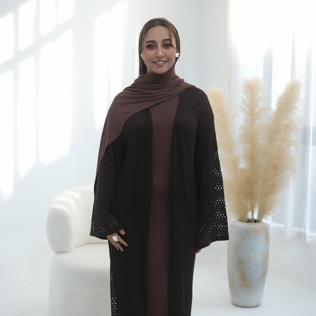 Hollow-Out Knit Open Abaya Cardigan with Waist Belt(MOA315)
