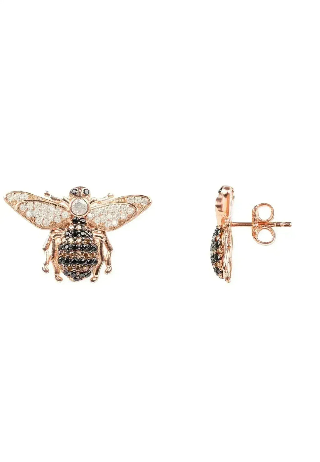 Rose Gold Bee Stud Earrings | Champagne Zirconia Insect Jewelry - Femstylo