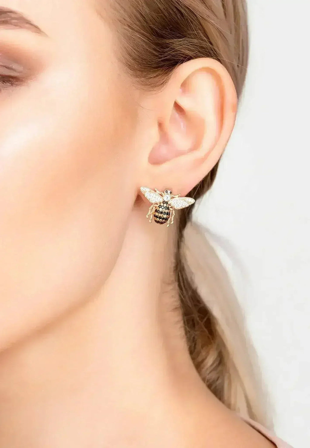 Rose Gold Bee Stud Earrings | Champagne Zirconia Insect Jewelry - Femstylo