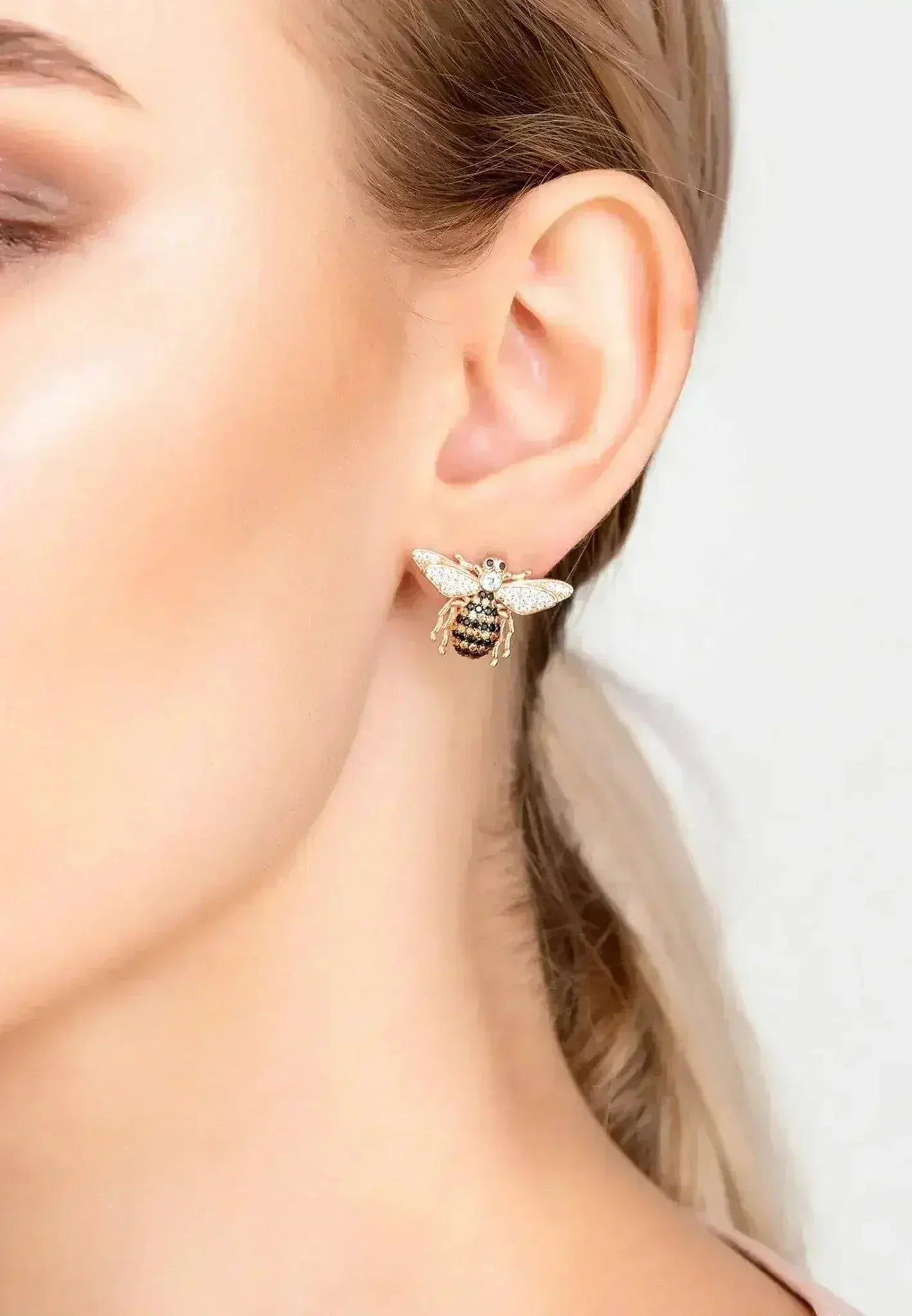 Rose Gold Bee Stud Earrings | Champagne Zirconia Insect Jewelry - Femstylo