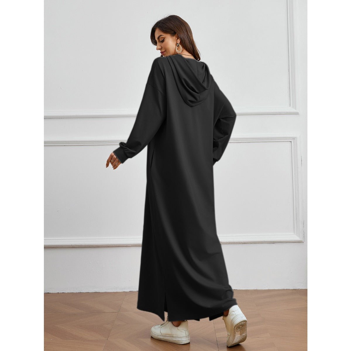 Hooded Pocket Casual Solid Color Dress Robe - Modest Long Sleeve Lounge Dress with Drawstring Hood(MA282)