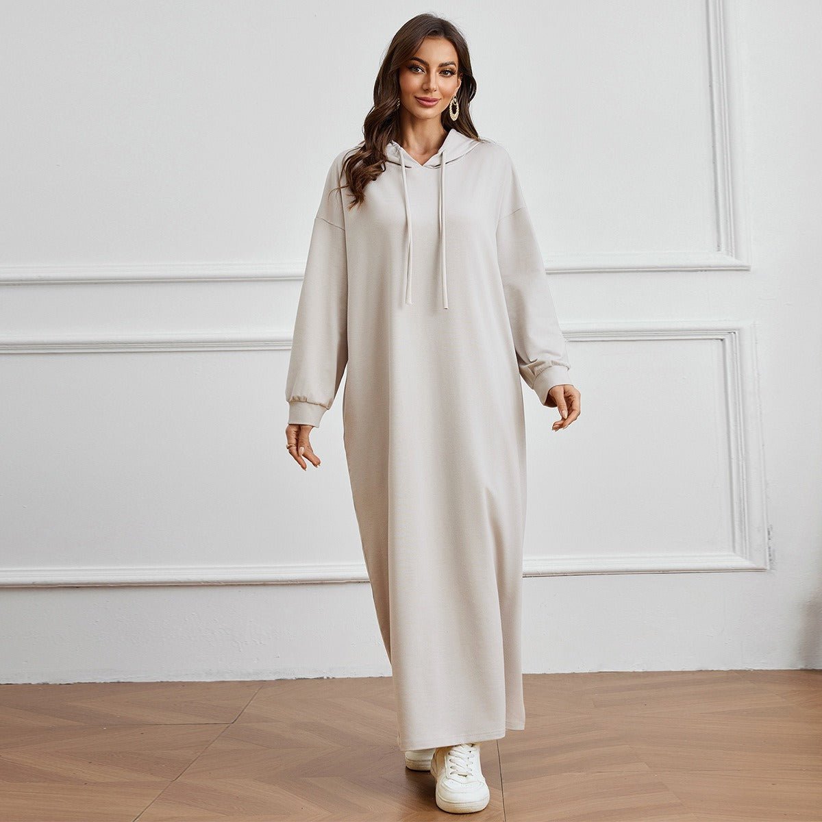 Hooded Pocket Casual Solid Color Dress Robe - Modest Long Sleeve Lounge Dress with Drawstring Hood(MA282)