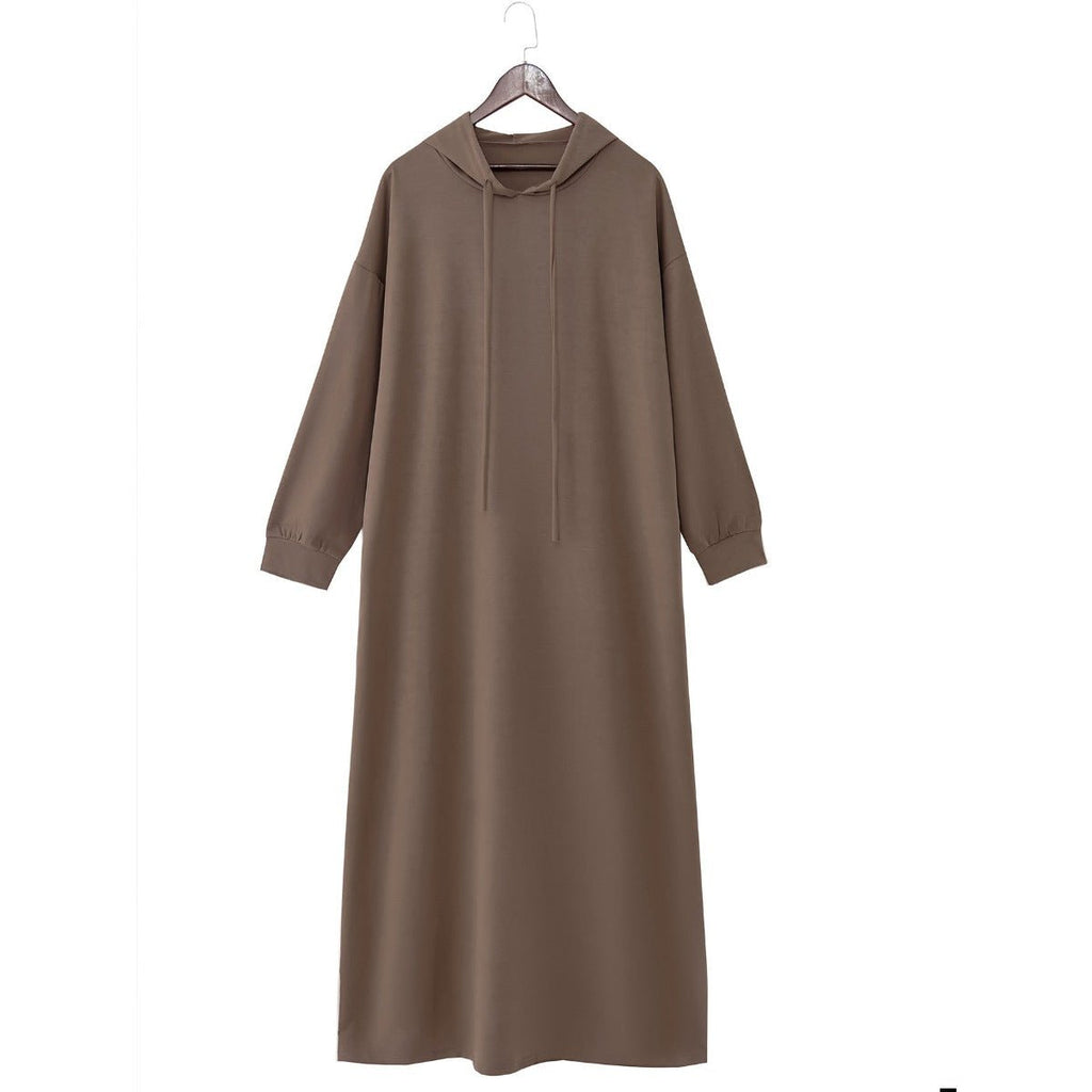 Hooded Pocket Casual Solid Color Dress Robe - Modest Long Sleeve Lounge Dress with Drawstring Hood(MA282)
