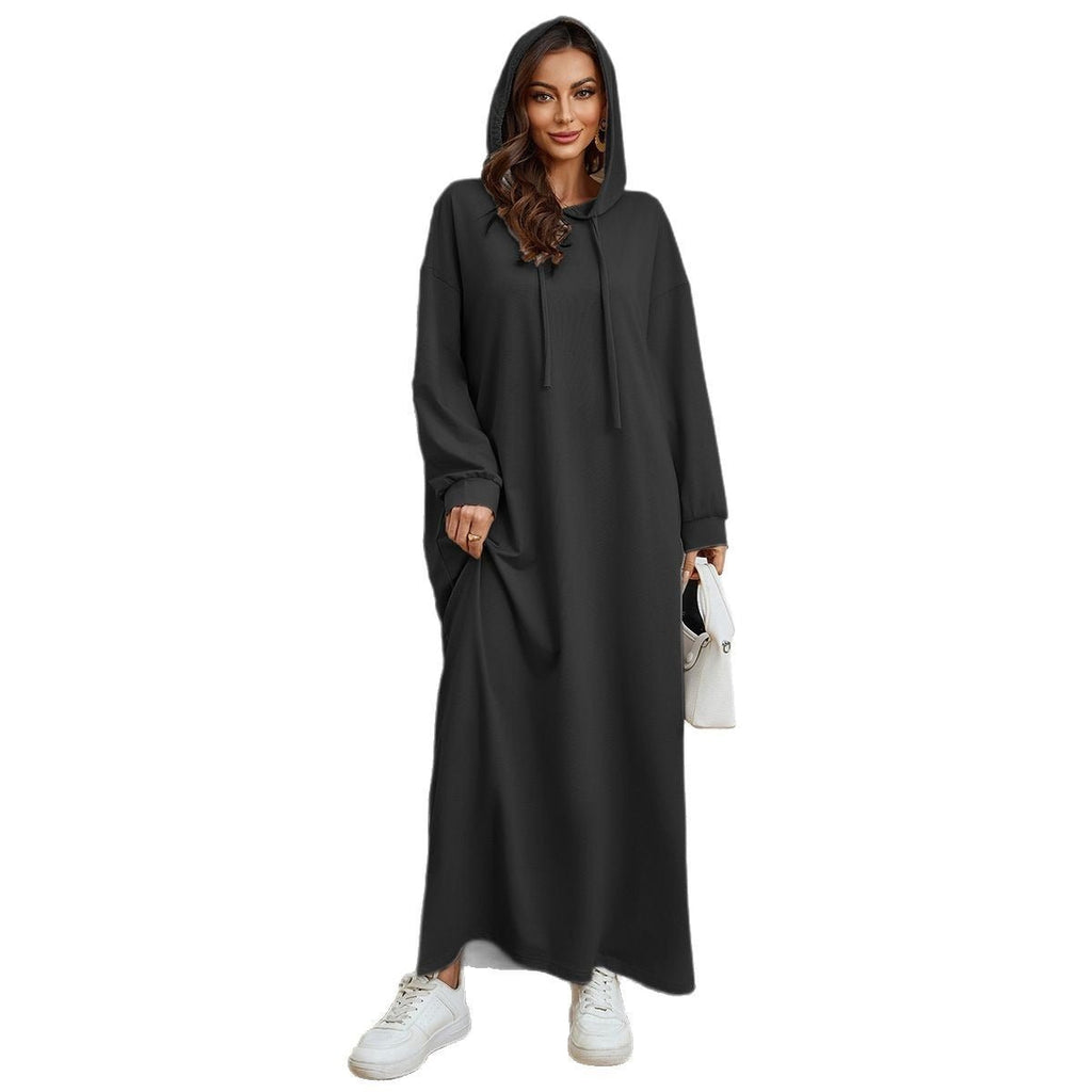 Hooded Pocket Casual Solid Color Dress Robe - Modest Long Sleeve Lounge Dress with Drawstring Hood(MA282)