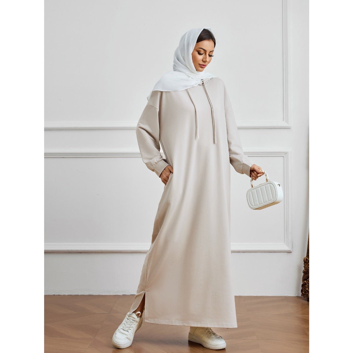 Hooded Pocket Casual Solid Color Dress Robe - Modest Long Sleeve Lounge Dress with Drawstring Hood(MA282)