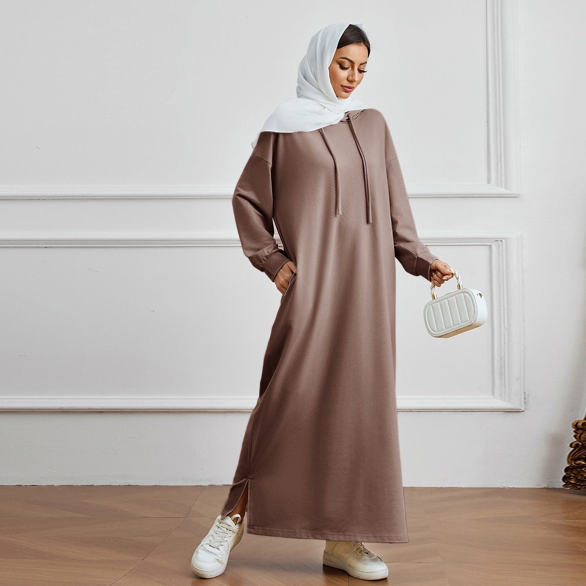 Hooded Pocket Casual Solid Color Dress Robe - Modest Long Sleeve Lounge Dress with Drawstring Hood(MA282)