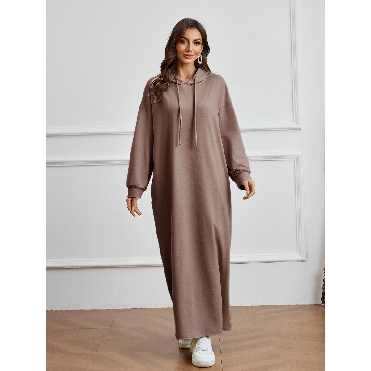 Hooded Pocket Casual Solid Color Dress Robe - Modest Long Sleeve Lounge Dress with Drawstring Hood(MA282)