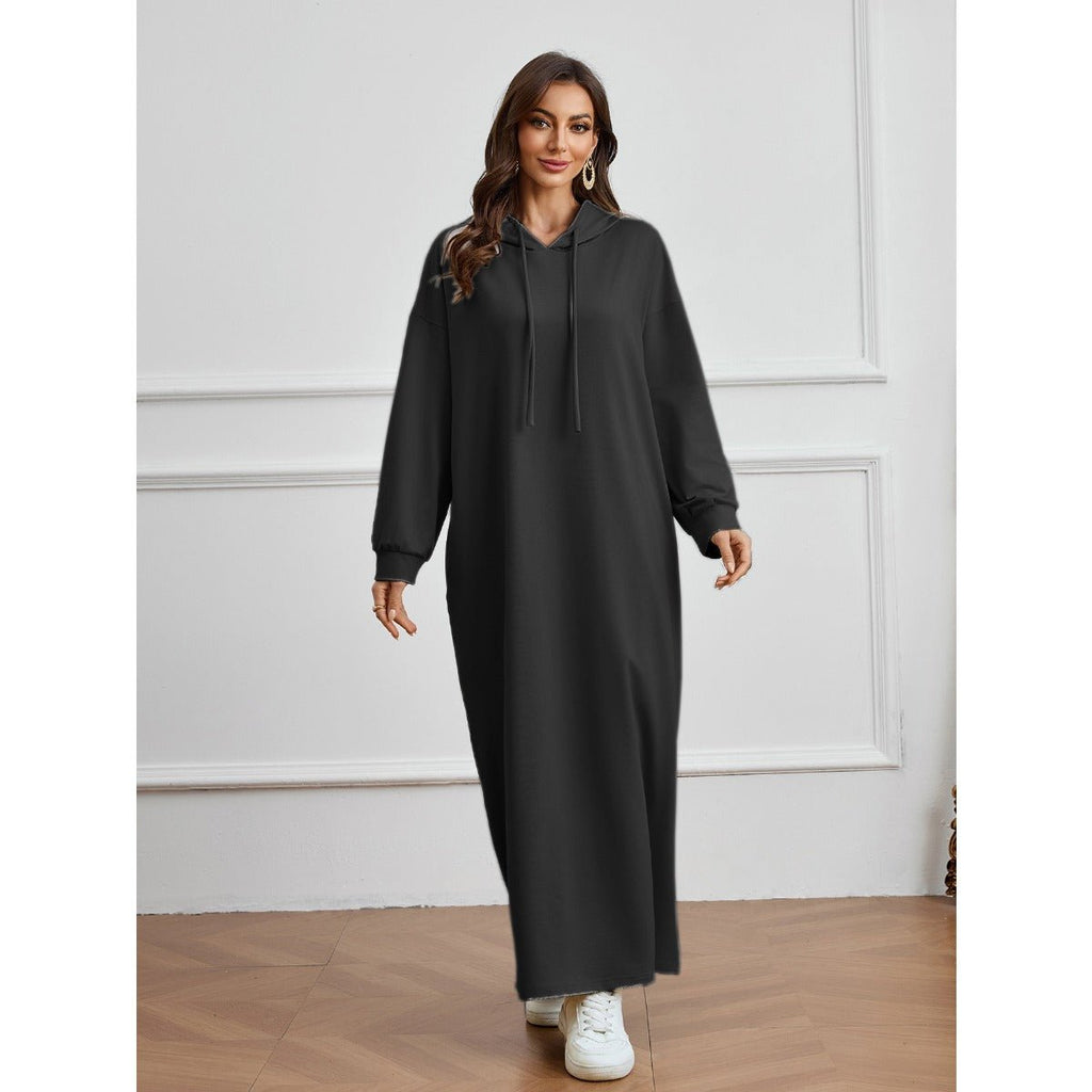 Hooded Pocket Casual Solid Color Dress Robe - Modest Long Sleeve Lounge Dress with Drawstring Hood(MA282)