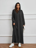 Hooded Pocket Casual Solid Color Dress Robe - Modest Long Sleeve Lounge Dress with Drawstring Hood(MA282)