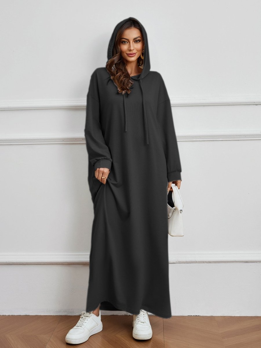 Hooded Pocket Casual Solid Color Dress Robe - Modest Long Sleeve Lounge Dress with Drawstring Hood(MA282)