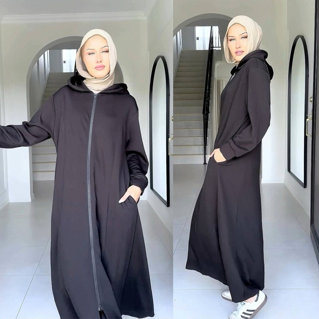 Hooded Zip-Front Abaya with Pockets (MA389)