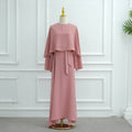 Ice Silk Crinkle Cape Set | 3-Piece Solid Color Abaya with Inner Dress & Belt(MA304)