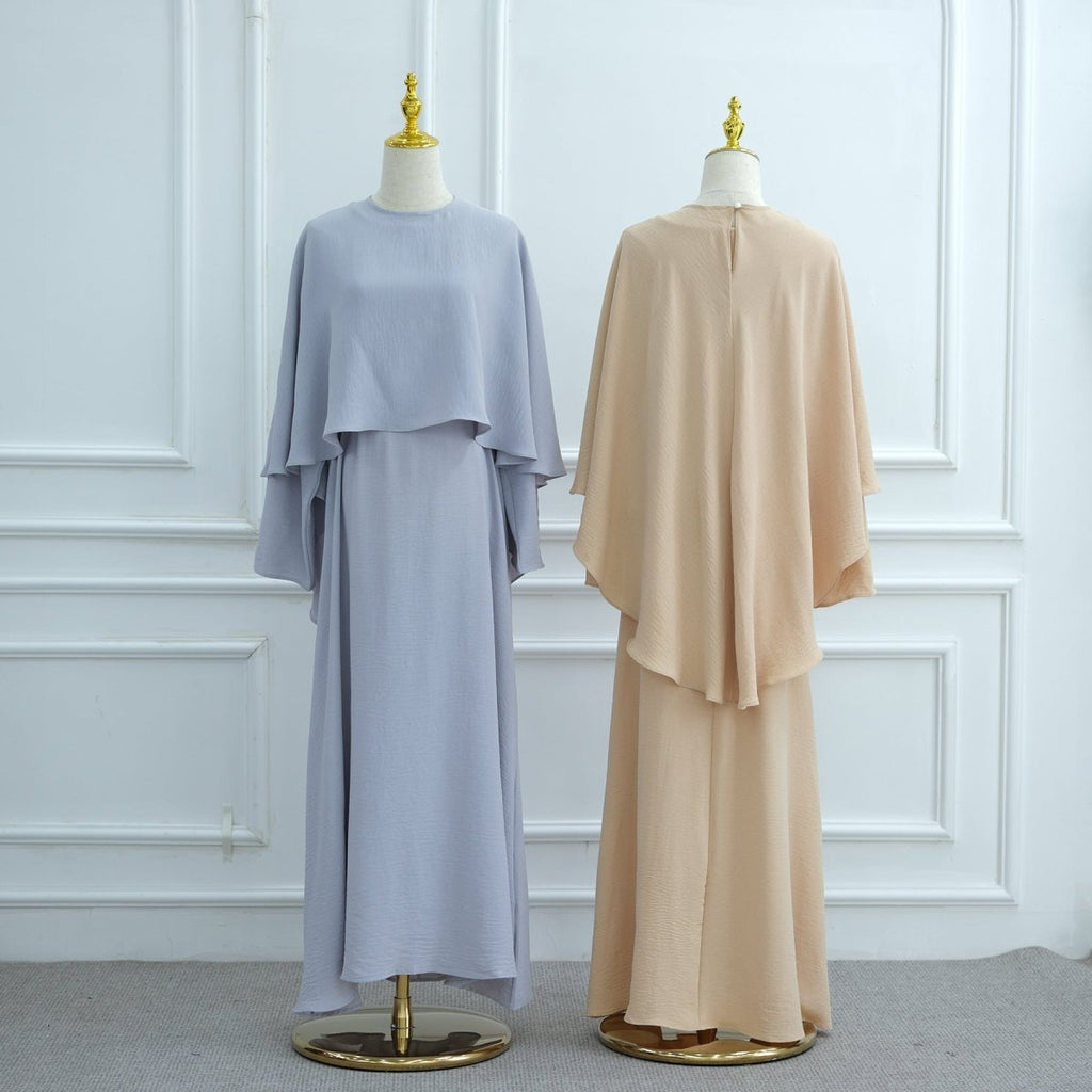 Ice Silk Crinkle Cape Set | 3-Piece Solid Color Abaya with Inner Dress & Belt(MA304)