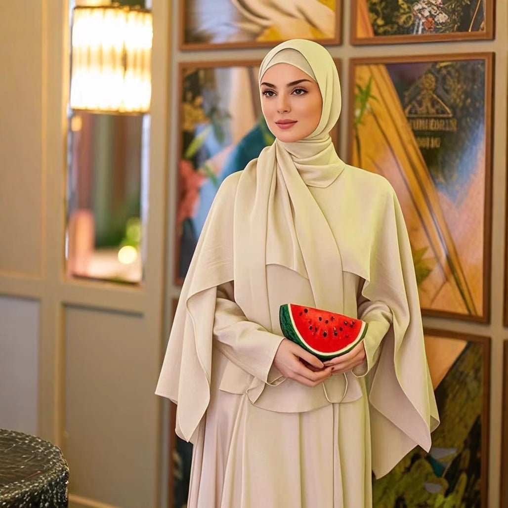 Ice Silk Crinkle Cape Set | 3-Piece Solid Color Abaya with Inner Dress & Belt(MA304)