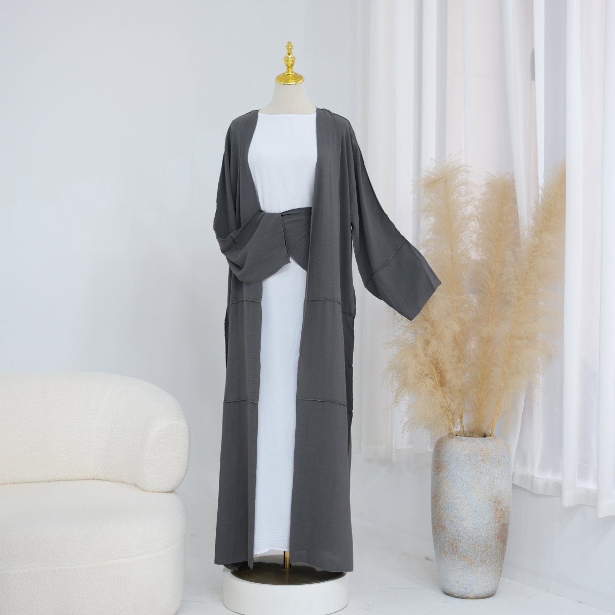 Ice Silk Crinkle Open Abaya with Wide Belt(MOA283)