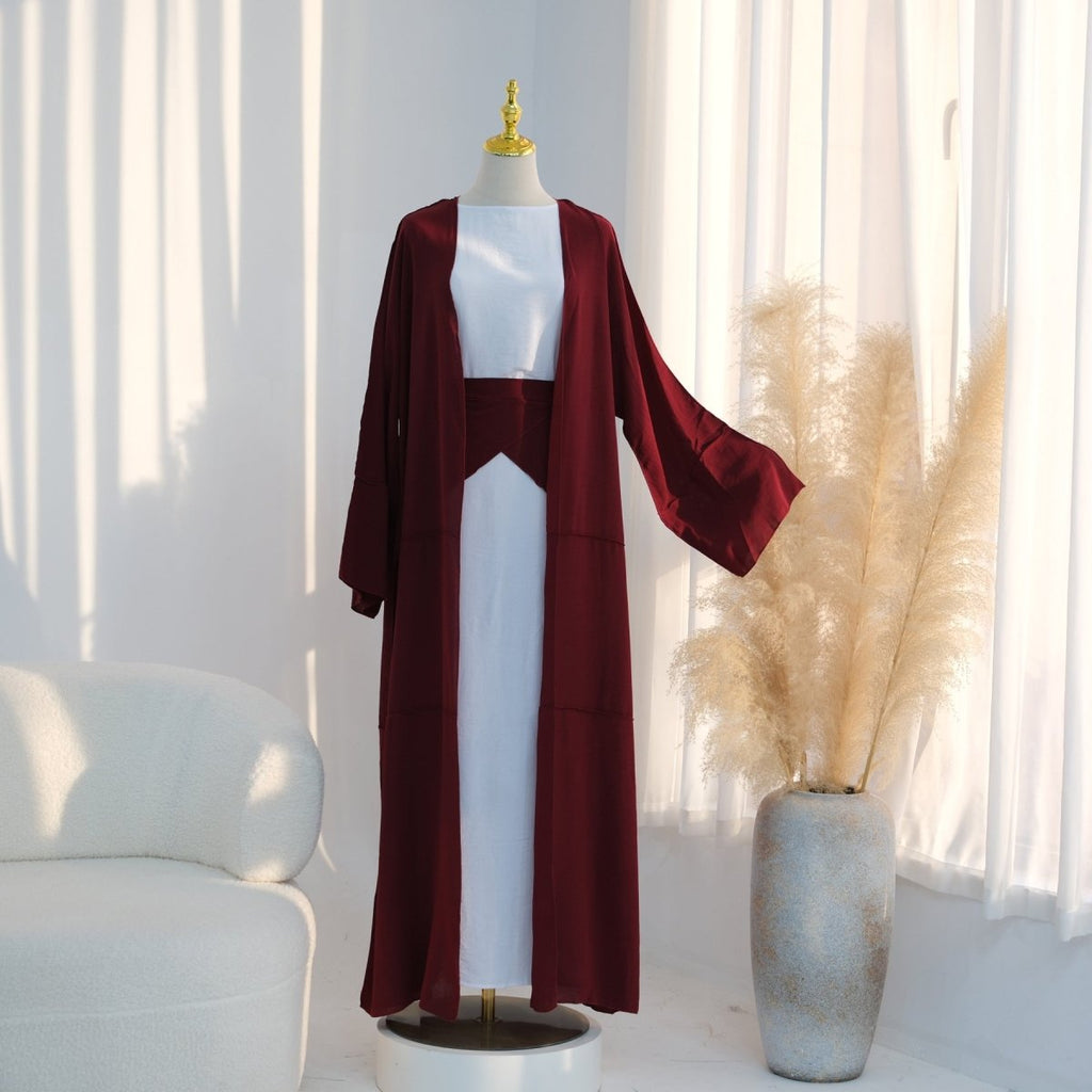 Ice Silk Crinkle Open Abaya with Wide Belt(MOA283)