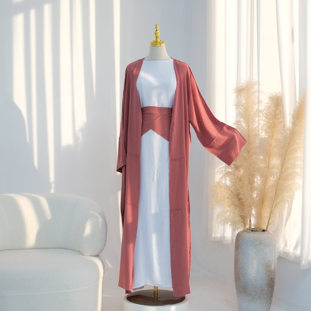 Ice Silk Crinkle Open Abaya with Wide Belt(MOA283)