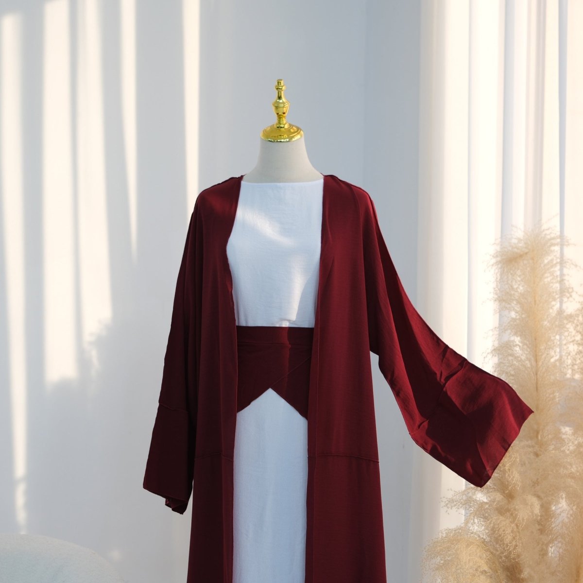 Ice Silk Crinkle Open Abaya with Wide Belt(MOA283)