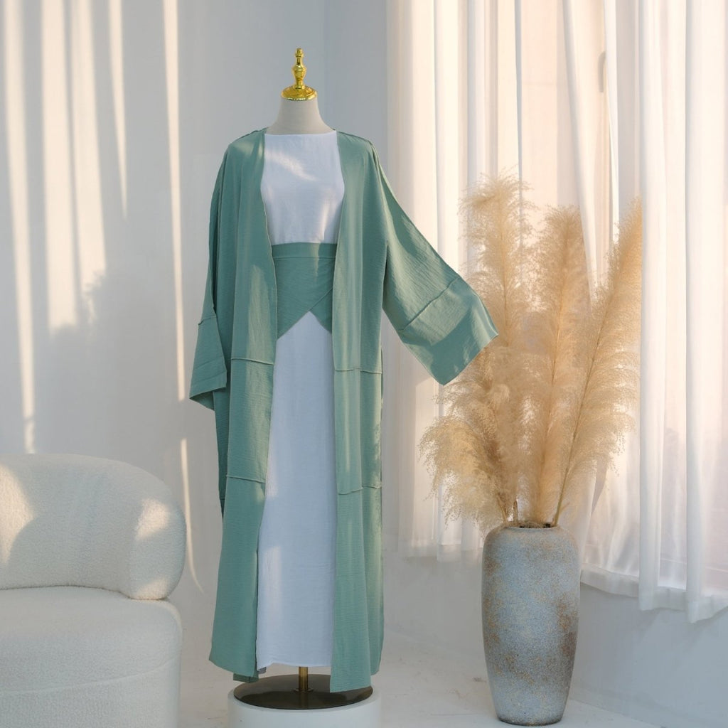 Ice Silk Crinkle Open Abaya with Wide Belt(MOA283)