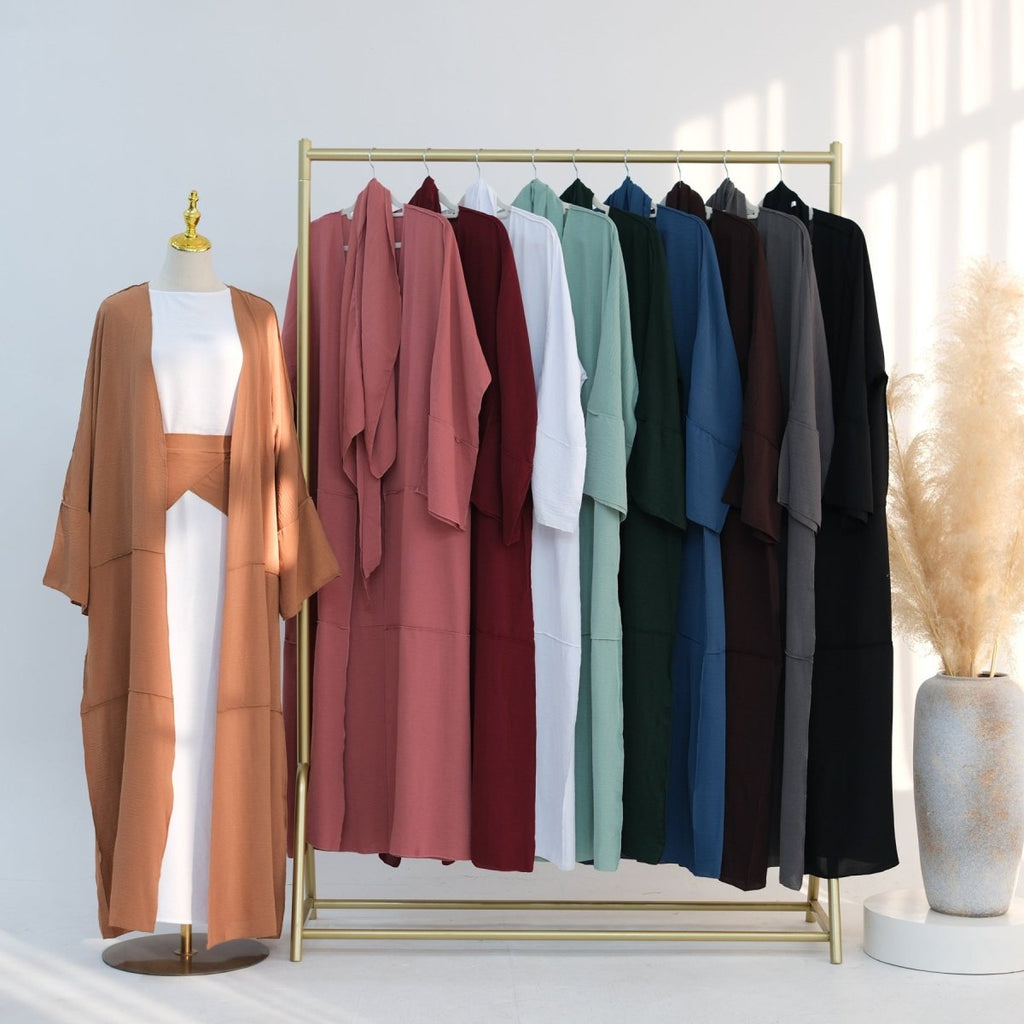 Ice Silk Crinkle Open Abaya with Wide Belt(MOA283)