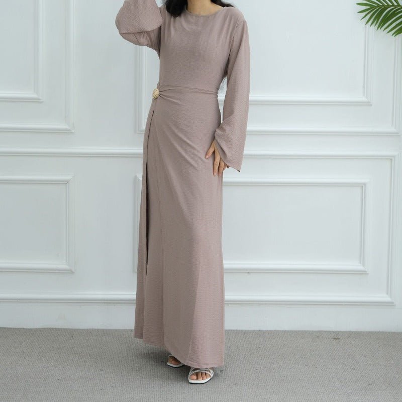 Ice Silk Crinkle Round Neck A-Line Work Dress with Decorative Button & Built-in Belt(MA308)