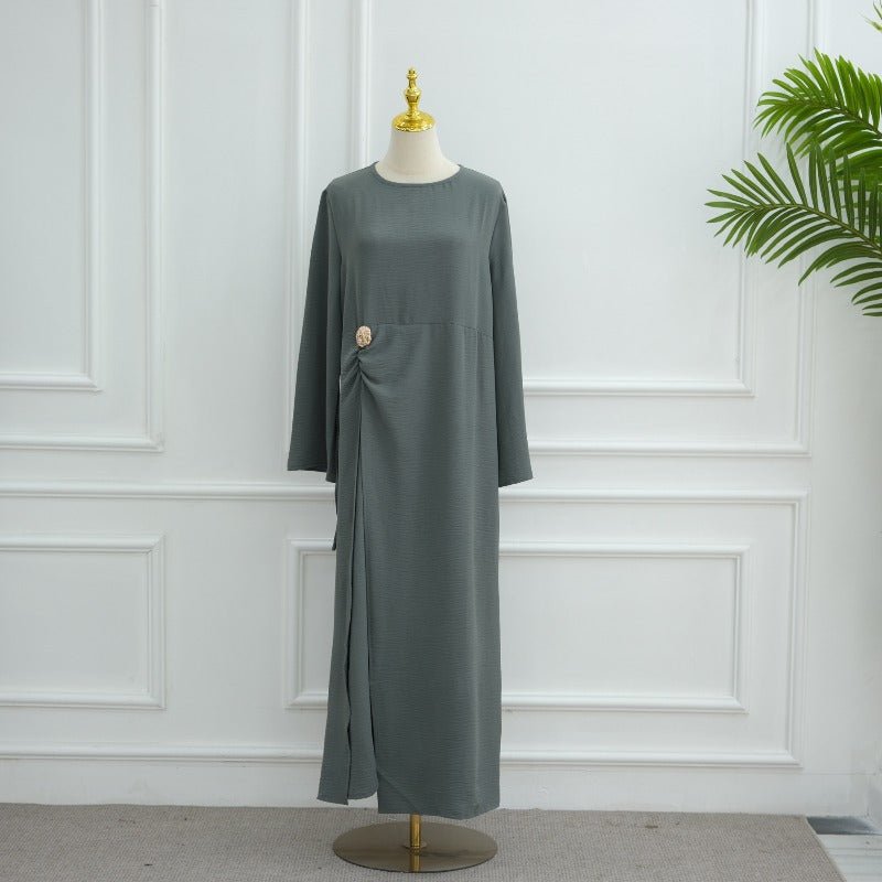 Ice Silk Crinkle Round Neck A-Line Work Dress with Decorative Button & Built-in Belt(MA308)