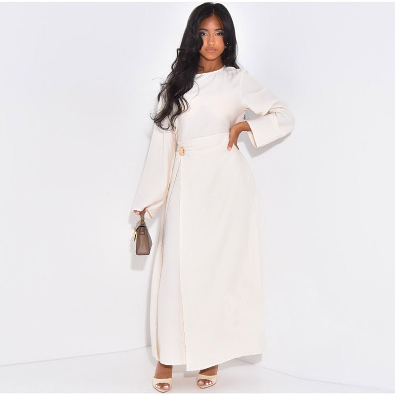 Ice Silk Crinkle Round Neck A-Line Work Dress with Decorative Button & Built-in Belt(MA308)