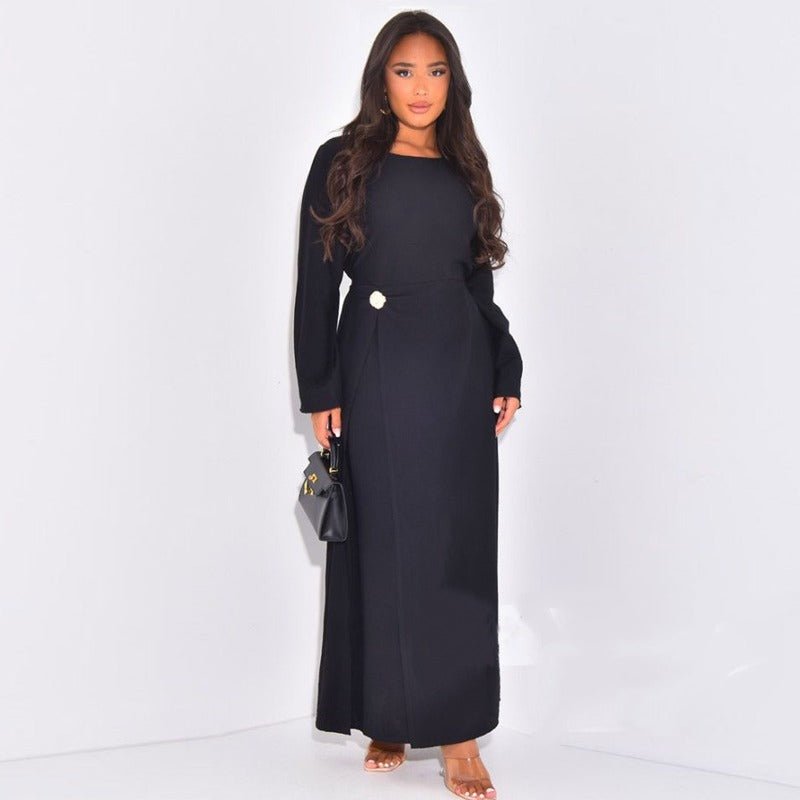 Ice Silk Crinkle Round Neck A-Line Work Dress with Decorative Button & Built-in Belt(MA308)
