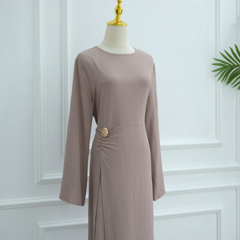Ice Silk Crinkle Round Neck A-Line Work Dress with Decorative Button & Built-in Belt(MA308)