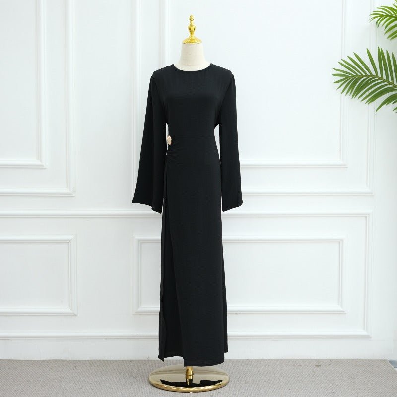 Ice Silk Crinkle Round Neck A-Line Work Dress with Decorative Button & Built-in Belt(MA308)