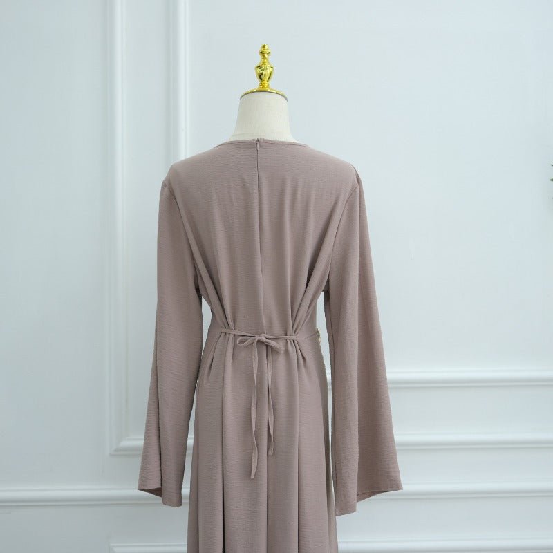 Ice Silk Crinkle Round Neck A-Line Work Dress with Decorative Button & Built-in Belt(MA308)