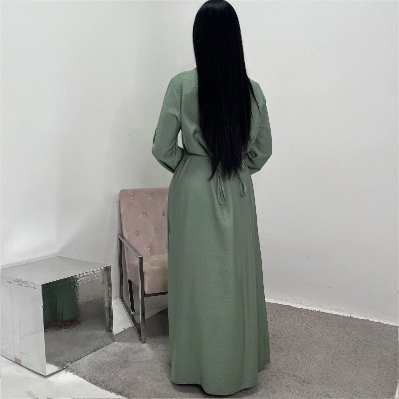 Ice Silk Crinkle Round Neck A-Line Work Dress with Decorative Button & Built-in Belt(MA308)