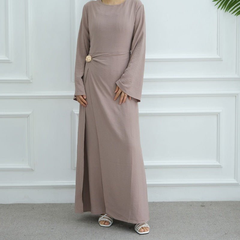 Ice Silk Crinkle Round Neck A-Line Work Dress with Decorative Button & Built-in Belt(MA308)