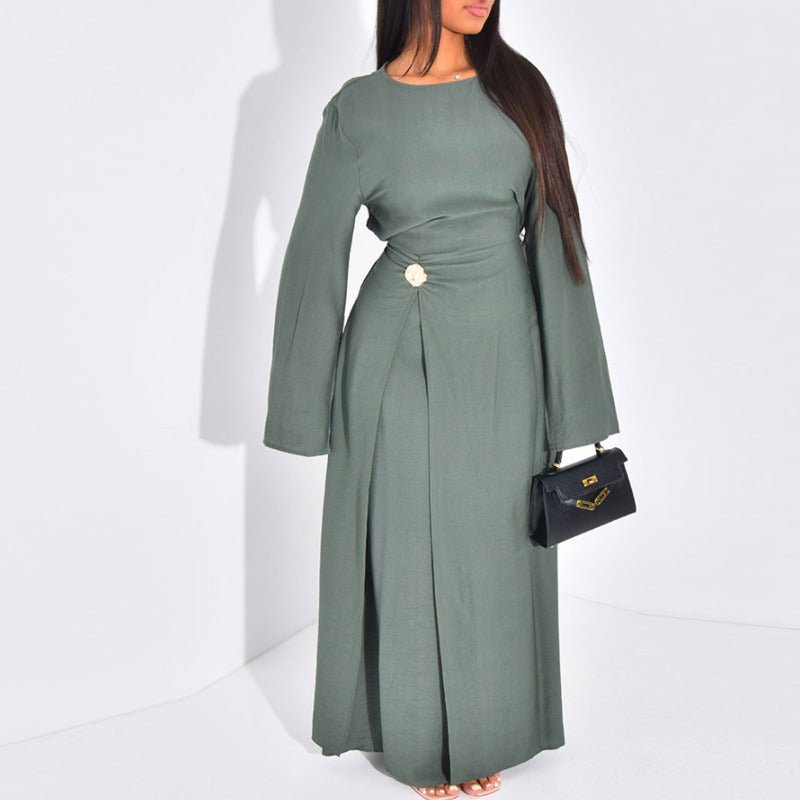 Ice Silk Crinkle Round Neck A-Line Work Dress with Decorative Button & Built-in Belt(MA308)