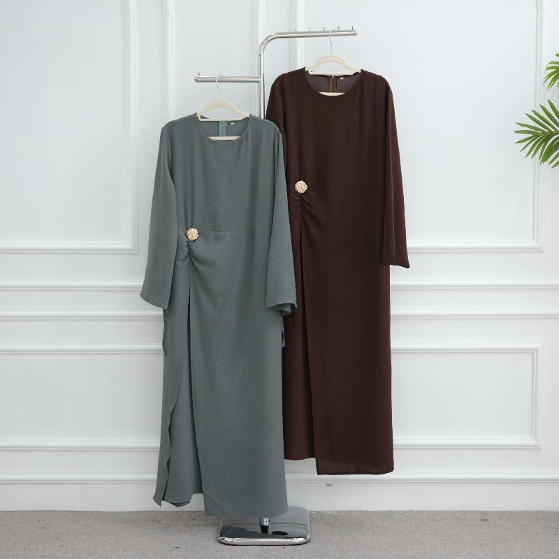 Ice Silk Crinkle Round Neck A-Line Work Dress with Decorative Button & Built-in Belt(MA308)