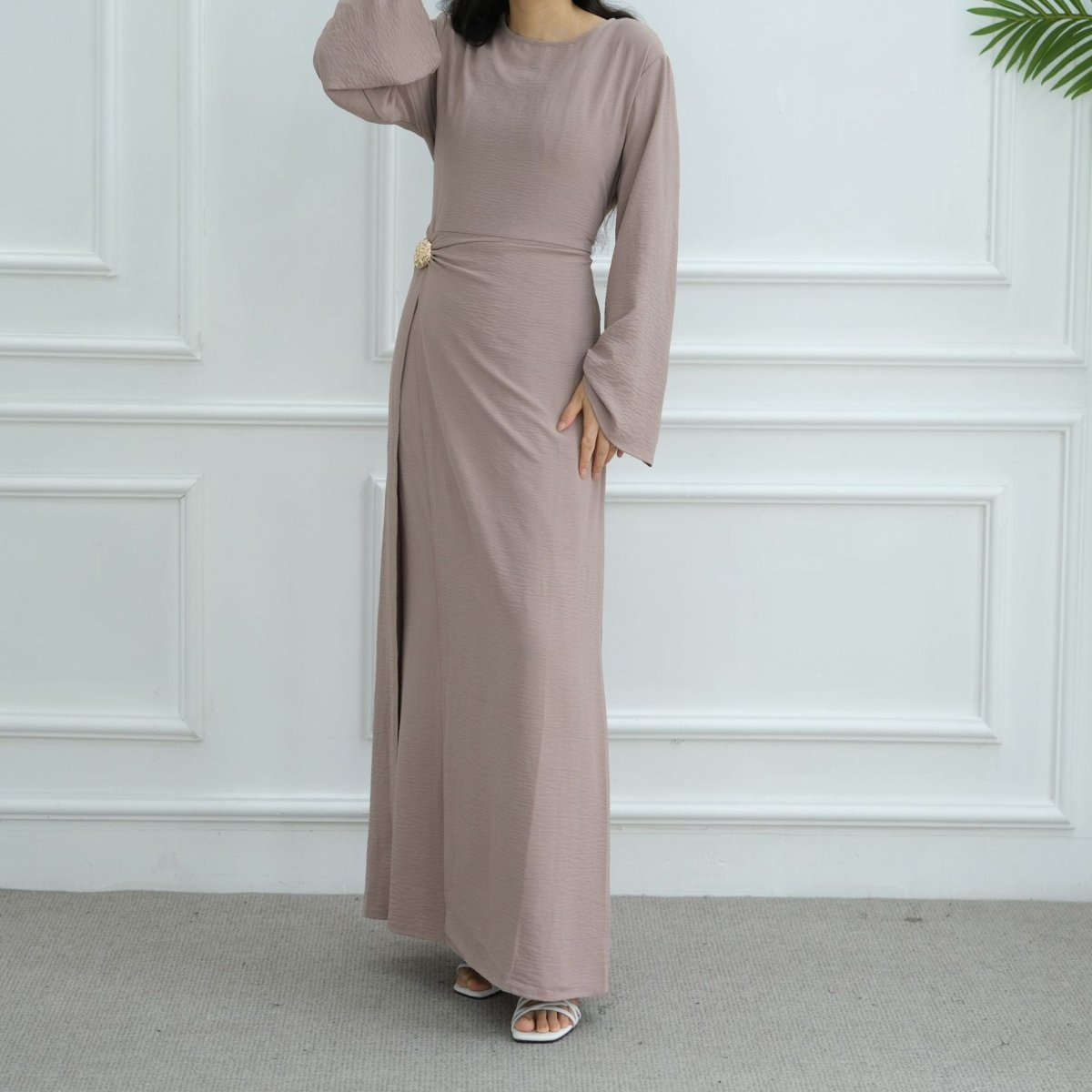 Ice Silk Crinkle Round Neck A-Line Work Dress with Decorative Button & Built-in Belt(MA308)