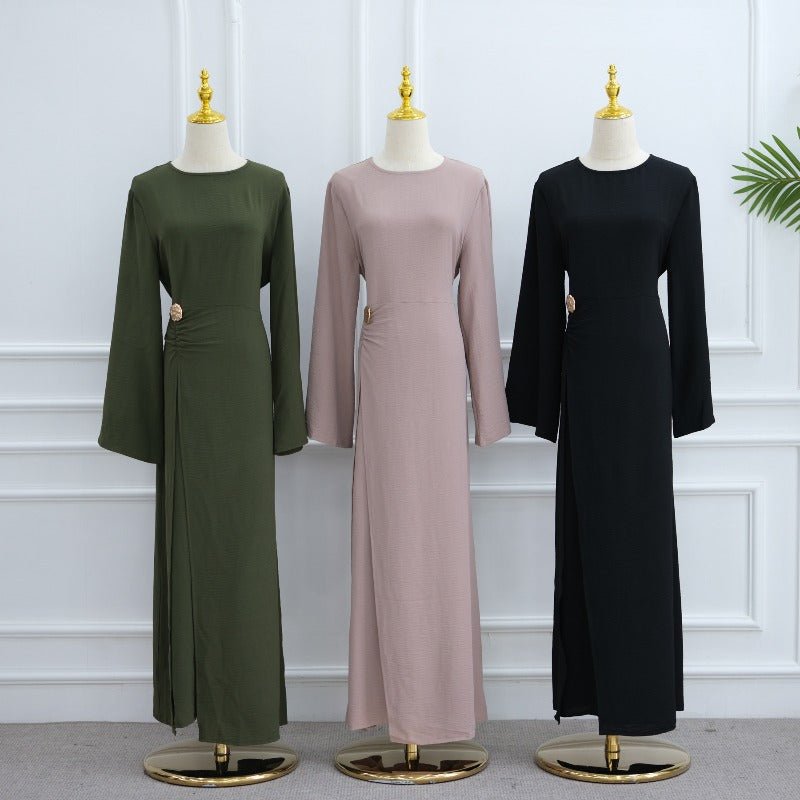 Ice Silk Crinkle Round Neck A-Line Work Dress with Decorative Button & Built-in Belt(MA308)