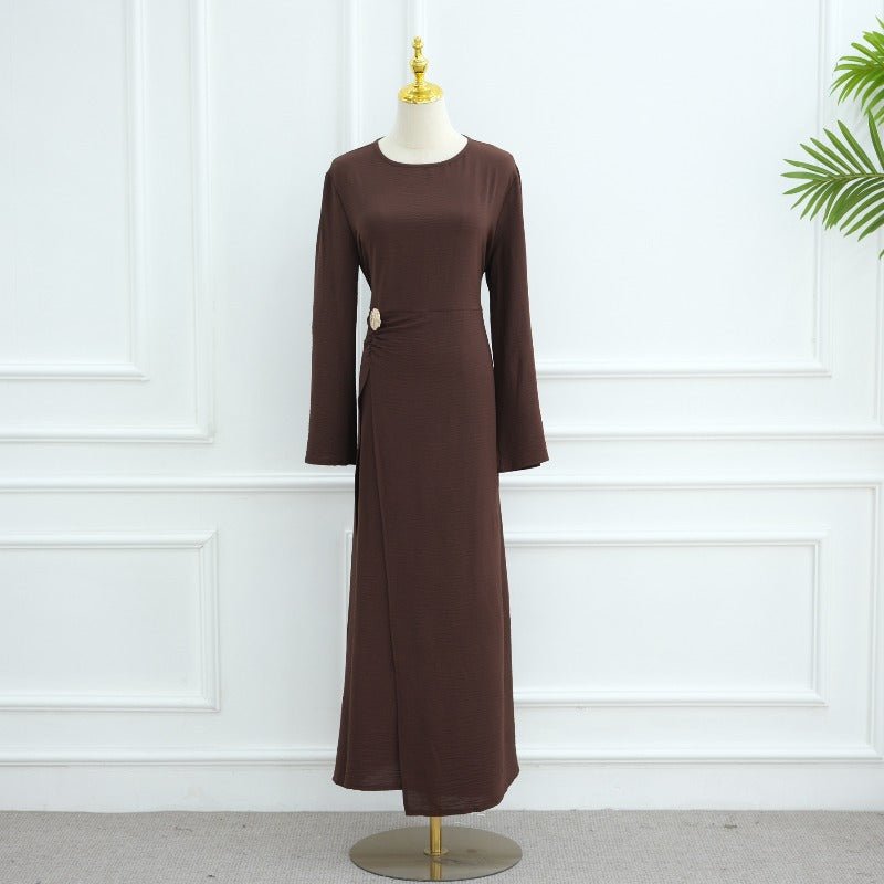 Ice Silk Crinkle Round Neck A-Line Work Dress with Decorative Button & Built-in Belt(MA308)