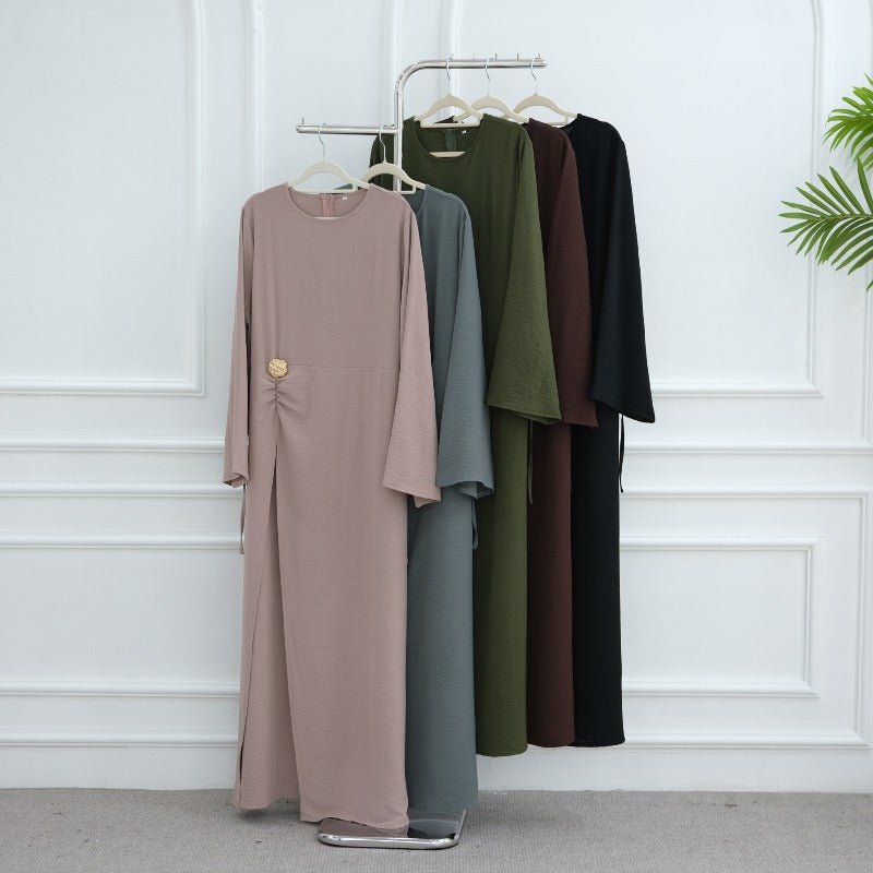 Ice Silk Crinkle Round Neck A-Line Work Dress with Decorative Button & Built-in Belt(MA308)