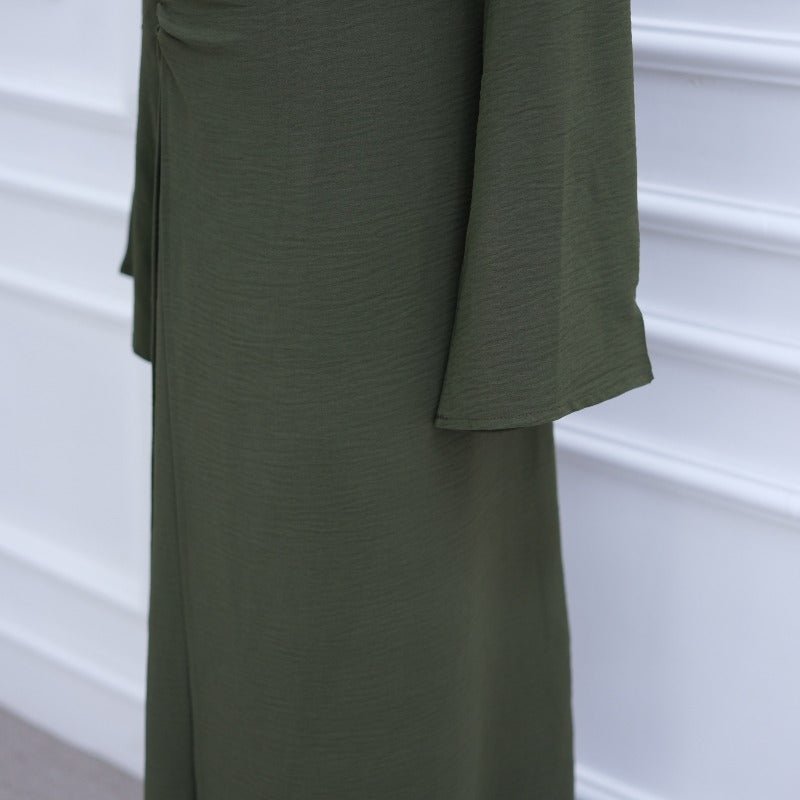 Ice Silk Crinkle Round Neck A-Line Work Dress with Decorative Button & Built-in Belt(MA308)