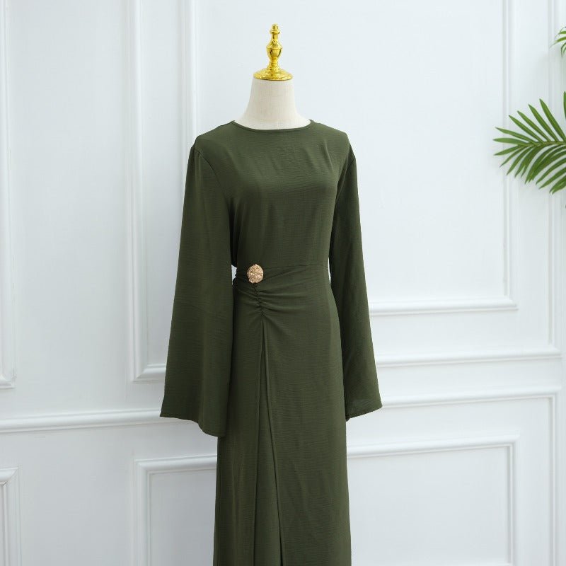 Ice Silk Crinkle Round Neck A-Line Work Dress with Decorative Button & Built-in Belt(MA308)