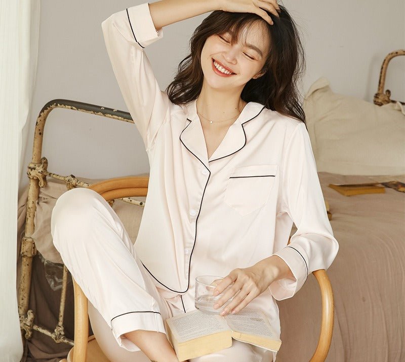 Ice Silk Women's Long Sleeve Pajama Soft & Comfortable Two-Piece Set(MS084)