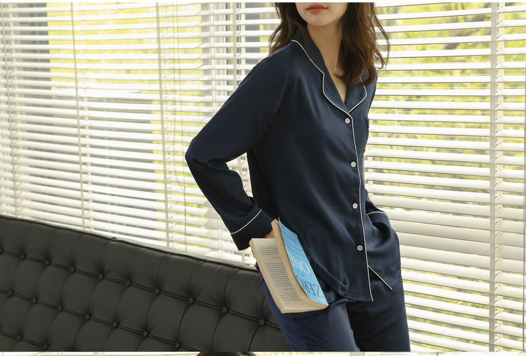 Ice Silk Women's Long Sleeve Pajama Soft & Comfortable Two-Piece Set(MS084)