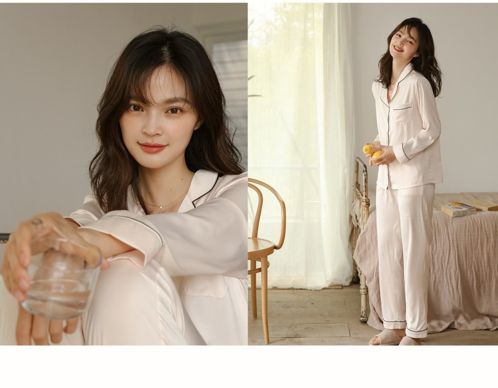 Ice Silk Women's Long Sleeve Pajama Soft & Comfortable Two-Piece Set(MS084)