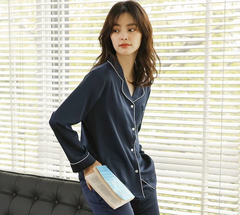 Ice Silk Women's Long Sleeve Pajama Soft & Comfortable Two-Piece Set(MS084)