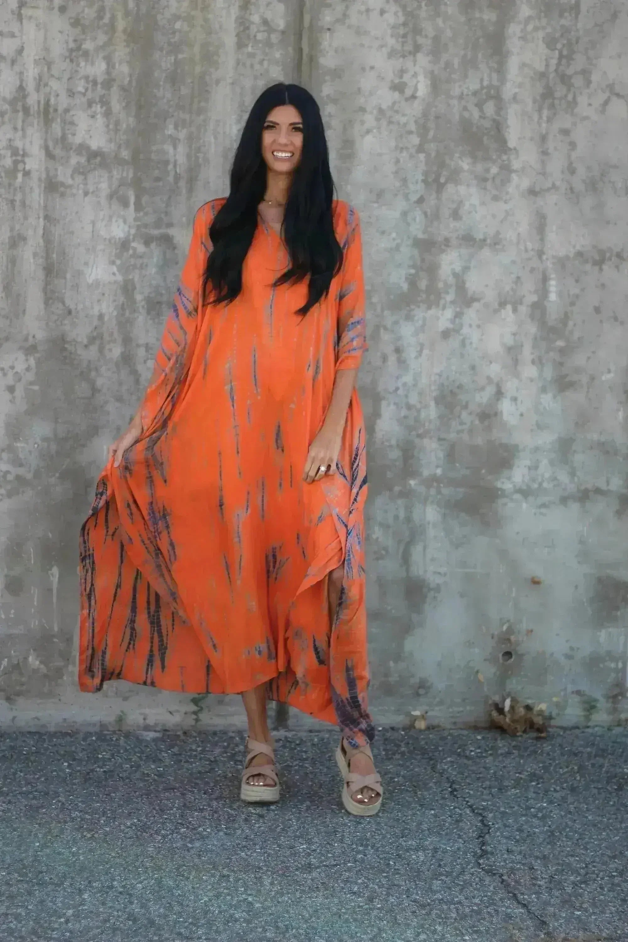 Hand-Dyed Tie-Dye Orange Maxi Kaftan Dress with Pockets – Loose Fit,