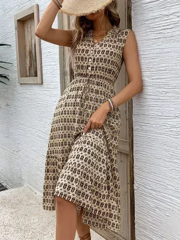 Women's New Comfortable Retro Sleeveless V-Neck High Waist Dress
